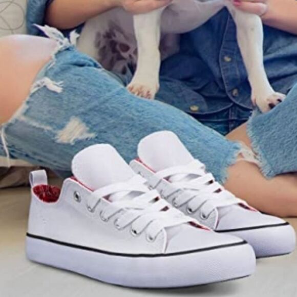 💜Twisted White & Red Paisley Double Tongue Sneakers Size 8 - Picture 7 of 14